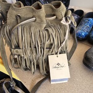 Patricia Nash Olive Green Suede Leave Fringe Boho Medium Bucket Bag Handbag